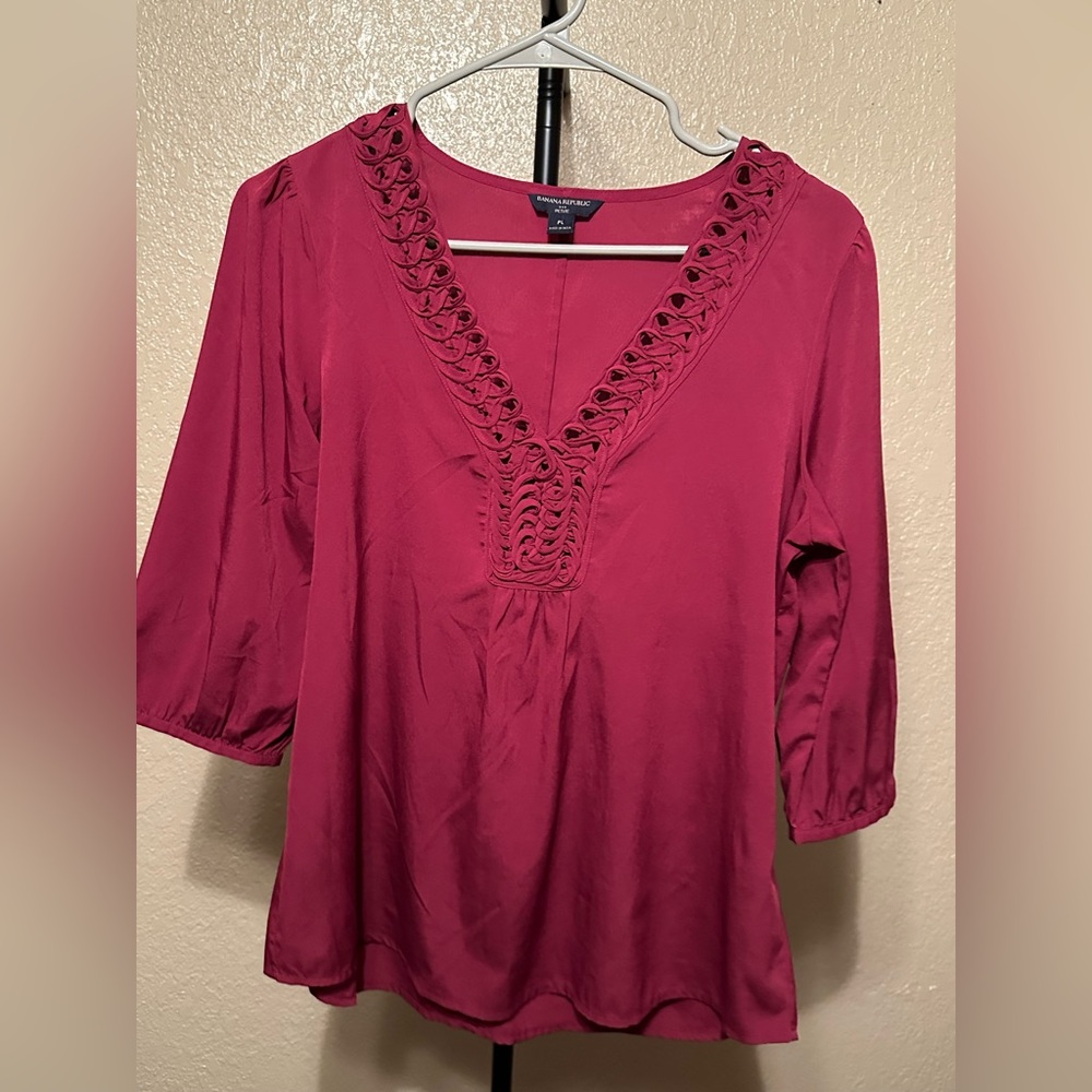Banana Republic Factory Fuchsia V-Neck Crochet-Trim Blouse